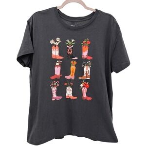 Graphic Cowboy Boots Tee‎ Shirt XL Floral Print Gray Coastal Cowgirl Coachella